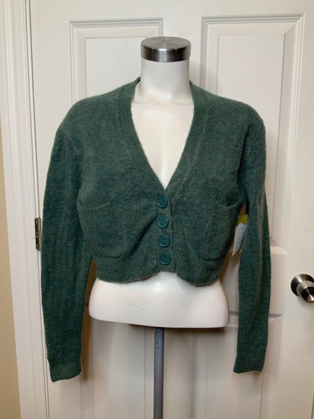 Zara Green Multicolor Wool Blend Cropped Button-Up Cardigan, Size S